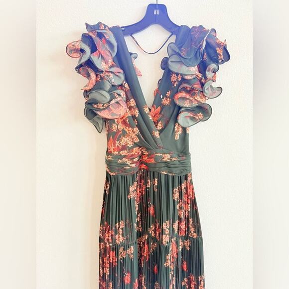 Johanna Ortiz Renaissance Forest Green Floral Print Ruffle Silk Maxi Gown 2 - Picture 6 of 15
